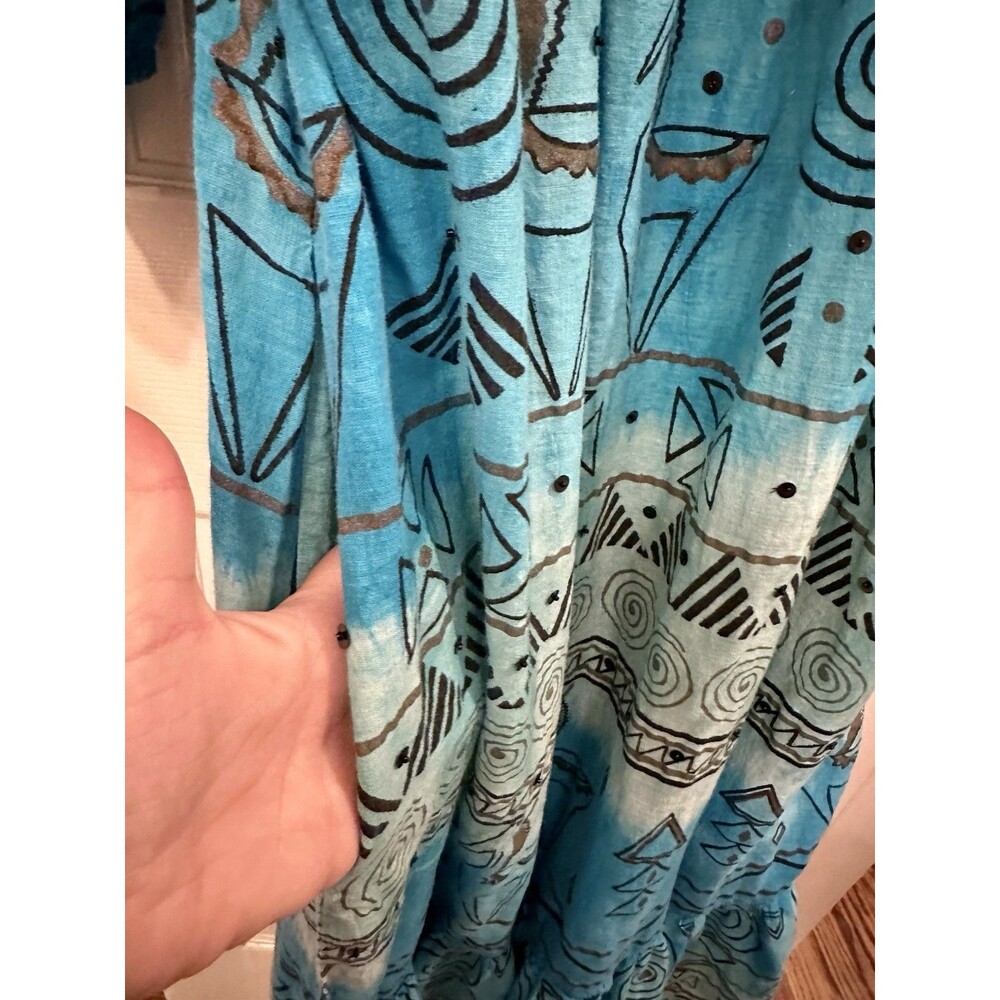 Vintage 60s‎ 70s Ramona Rull 100% Cotton Western Teal Boho Maxi Dress Kaftan 1X - Picture 5 of 11